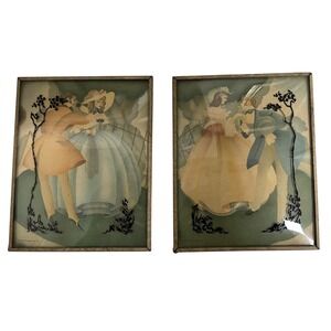 Pair‎ Vintage Reverse Painted Convex Bubble Glass Framed Silhouette Pictures